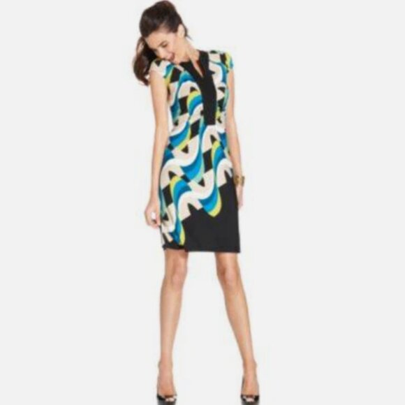 Alfani Geometric Stretch Womens 2X Dress Notch Neck Cap Sleeve Sheath Bodycon - Picture 1 of 8